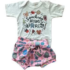 Epcot Theme Park Baby Girl 6M Outfit Bodysuit & Shorts Snacking Around the World